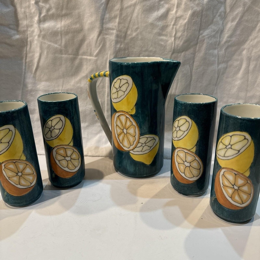Vintage Ceramic Pitcher Glass Set by Ernestine Virden-Cannon Salerno Italy 50s